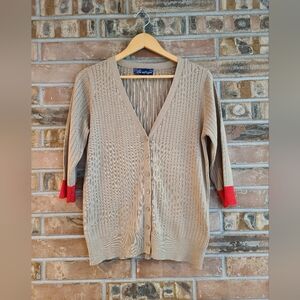 Susan Graver Tan and Red 3/4 Sleeve Women's Sweater SZ M